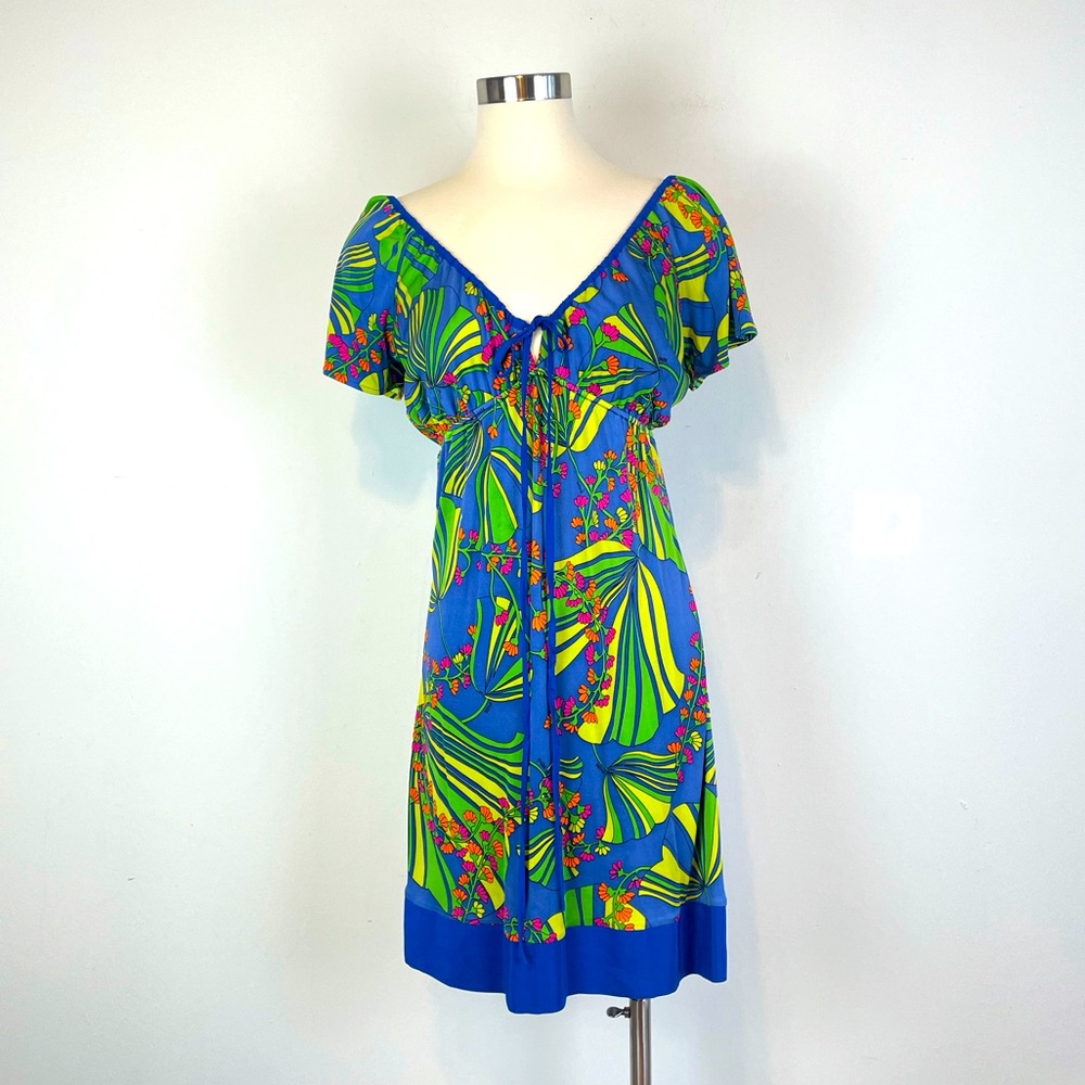 🏝Hale Bob Blue Silk Tropical Floral V Neck Dress